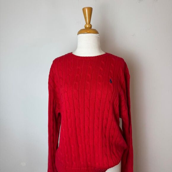 Polo Ralph Lauren Logo Embroidered Red Cable Knit Sweater - Picture 1 of 6